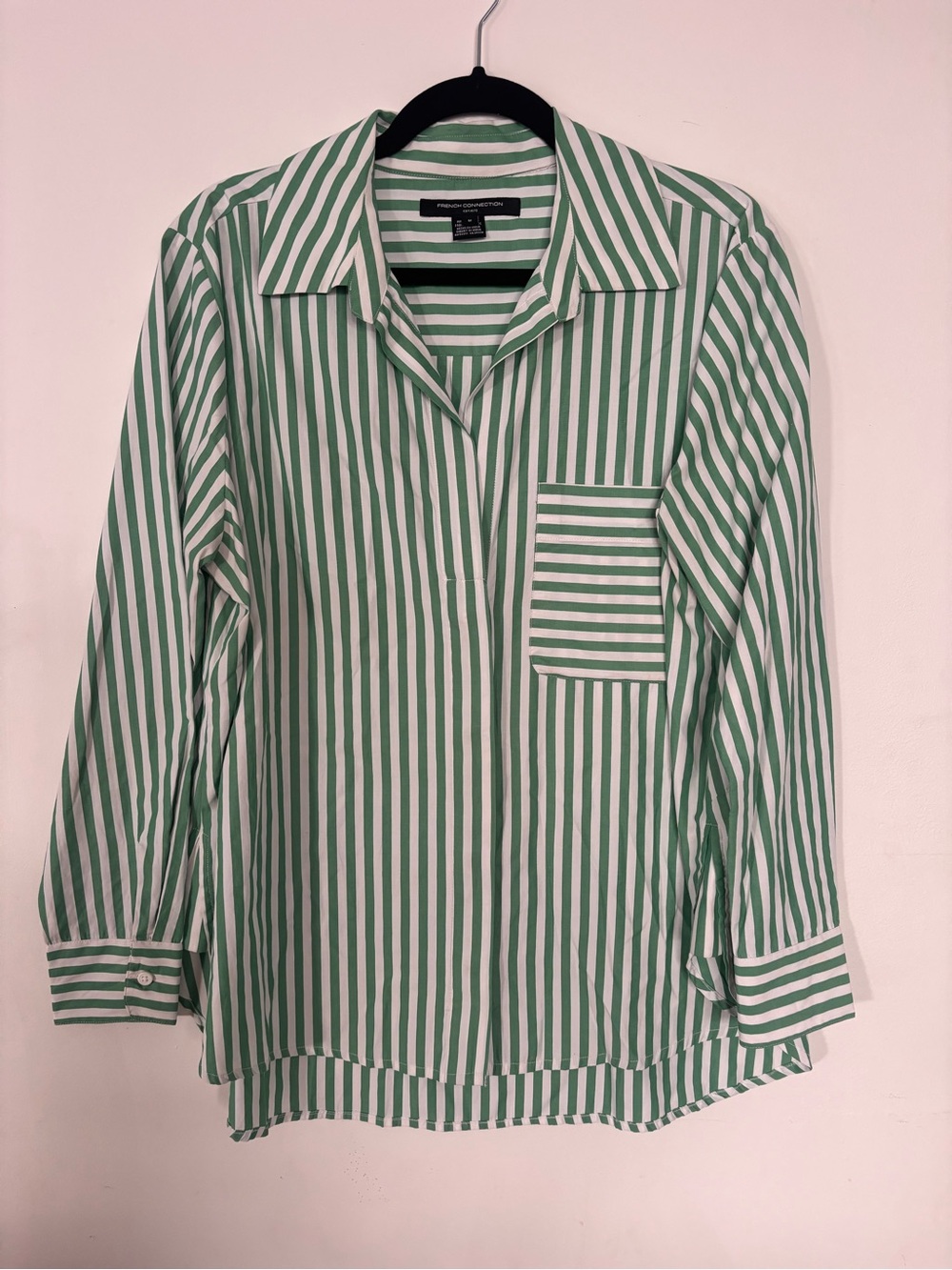 FRENCH CONNECTION- Green & White Striped Button-Front Shirt - size MEDIUM